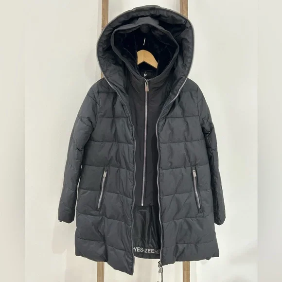 YES ZEE Black Hooded Down Puffer Coat Removable Inner Vest Women’s Size XS NWT - Picture 2 of 10